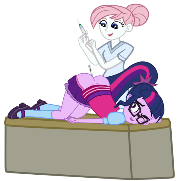 Size: 2952x2952 | Tagged: suggestive, artist:gmaplay, derpibooru import, nurse redheart, sci-twi, twilight sparkle, equestria girls, anal insertion, ass, ass up, butt, clothes, face down ass up, image, insertion, png, rectal thermometer, sci-twibutt, simple background, socks, syringe, transparent background, twibutt