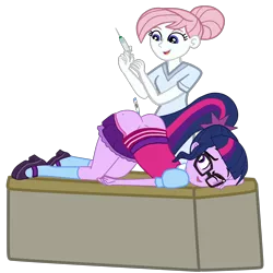 Size: 2952x2952 | Tagged: suggestive, artist:gmaplay, derpibooru import, nurse redheart, sci-twi, twilight sparkle, equestria girls, anal insertion, ass, ass up, butt, clothes, face down ass up, image, insertion, png, rectal thermometer, sci-twibutt, simple background, socks, syringe, transparent background, twibutt