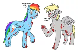 Size: 3000x2000 | Tagged: semi-grimdark, artist:applejackofalltrades, derpibooru import, derpy hooves, rainbow dash, pegasus, pony, blood, colored, flat colors, food, image, jam, png, suspicious, sweat, sweatdrop