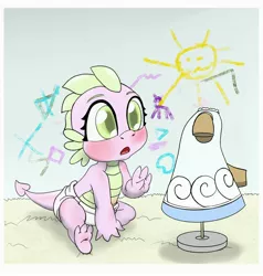 Size: 3176x3334 | Tagged: safe, artist:stardust-pony, derpibooru import, spike, dragon, alternate universe, baby, baby dragon, baby spike, barb, clothes, diaper, dress, explicit source, image, implied dusk shine, jpeg, mannequin, rule 63, younger