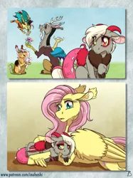 Size: 1383x1850 | Tagged: safe, artist:inuhoshi-to-darkpen, derpibooru import, discord, fluttershy, oc, oc:anarchy, oc:mayhem, oc:serenity, draconequus, hybrid, pegasus, draconequus oc, ear fluff, eyes closed, female, floppy ears, flower, flower in hair, hoof fluff, image, interspecies offspring, male, offspring, open mouth, parent:discord, parent:fluttershy, parents:discoshy, png, sad, wing fluff