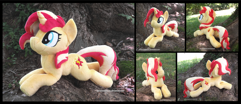 Size: 4057x1754 | Tagged: safe, artist:peruserofpieces, derpibooru import, sunset shimmer, pony, unicorn, beanie (plushie), female, happy, horn, image, irl, lying down, mare, photo, plushie, png, prone, smiling, solo, sploot, tree