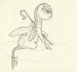 Size: 2054x1917 | Tagged: safe, artist:lady-limule, derpibooru import, oc, oc:silver fang, unofficial characters only, pegasus, pony, braided tail, cane, female, filly, image, jpeg, pegasus oc, sitting, solo, traditional art, wings