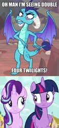 Size: 514x1112 | Tagged: safe, derpibooru import, screencap, princess ember, starlight glimmer, twilight sparkle, twilight sparkle (alicorn), alicorn, dragon, pony, unicorn, fame and misfortune, sweet and smoky, blushing, caption, cropped, dragoness, female, image, image macro, looking at each other, mare, png, simpsons did it, text