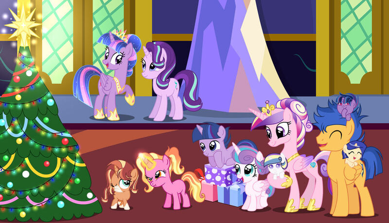 Size: 1024x589 | Tagged: safe, artist:siriussentry, derpibooru import, flash sentry, luster dawn, princess cadance, princess flurry heart, starlight glimmer, twilight sparkle, twilight sparkle (alicorn), oc, oc:laura heart, oc:shadow andromeda, oc:sirius sentry, oc:starling comet, oc:starship sparkle, alicorn, pegasus, pony, unicorn, baby, baby pony, base used, christmas, christmas lights, christmas tree, family, female, flashlight, happy new year, happy new year 2020, holiday, image, jpeg, male, offspring, parent:flash sentry, parent:princess cadance, parent:shining armor, parent:starlight glimmer, parent:sunburst, parent:twilight sparkle, parents:flashlight, parents:shiningcadance, parents:starburst, present, shipping, straight, tree, twilight's castle