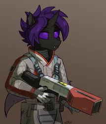 Size: 1722x2000 | Tagged: safe, artist:cherry_kotya, derpibooru import, oc, anthro, changeling, fallout equestria, changeling oc, clothes, costume, fallout, fallout 4, fangs, gloves, gun, horn, image, png, purple changeling, scientist, simple background, solo, the institute, weapon, wings