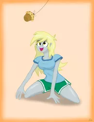 Size: 1284x1653 | Tagged: safe, artist:lennondash, derpibooru import, derpy hooves, equestria girls, dangling, female, food, image, kneeling, looking up, muffin, open mouth, png, rope, solo