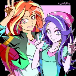 Size: 1600x1618 | Tagged: safe, artist:tyuubatu, derpibooru import, starlight glimmer, sunset shimmer, equestria girls, beanie, clothes, double peace sign, duo, hat, image, jpeg, looking at you, peace sign, smiling
