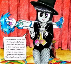 Size: 938x852 | Tagged: safe, artist:liaaqila, derpibooru import, octavia melody, vinyl scratch, equestria girls, clothes, commission, cute, fourth wall, hat, hypnosis, hypnotist, hypnotized, image, jpeg, levitated, levitation, magic, magician, magician outfit, pendulum swing, pocket watch, speech bubble, stage hypnosis, stage show, swirly eyes, talking, tavibetes, telekinesis, top hat, traditional art, tuxedo, viewer, volunteer