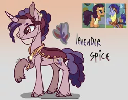 Size: 2135x1668 | Tagged: safe, artist:caramelbolt24, derpibooru import, hoo'far, saffron masala, oc, oc:lavender spice, earth pony, pony, unicorn, abstract background, clothes, cloven hooves, crack ship offspring, ear fluff, female, image, jpeg, male, mare, nose chains, offspring, parent:hoo'far, parent:saffron masala, parents:saf'far, raised hoof, screencap reference, signature, stallion