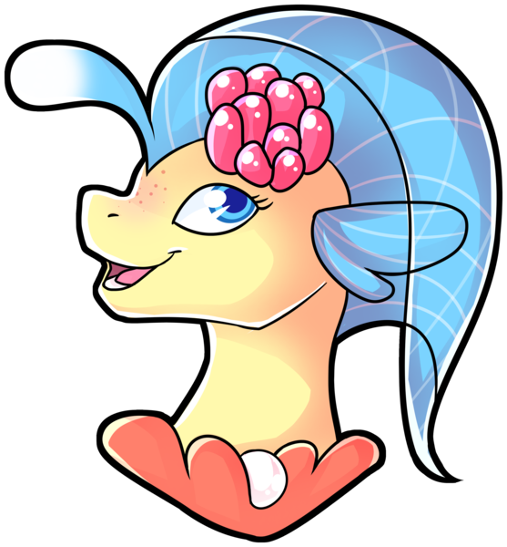 Size: 2359x2543 | Tagged: safe, artist:polyhexian, derpibooru import, princess skystar, seapony (g4), my little pony: the movie, blue eyes, blue mane, female, flower, flower in hair, freckles, image, jewelry, necklace, open mouth, pearl, pearl necklace, png, simple background, smiling, solo, transparent background