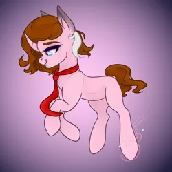 Size: 938x938 | Tagged: safe, artist:nel_liddell, derpibooru import, oc, unofficial characters only, pony, unicorn, curved horn, ear piercing, earring, gradient background, horn, image, jewelry, jpeg, necktie, piercing, signature, solo, unicorn oc