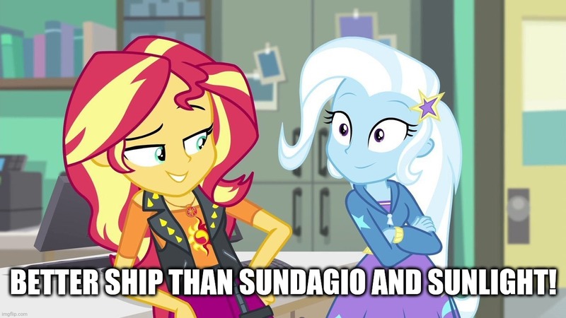 Size: 1280x720 | Tagged: safe, derpibooru import, edit, edited screencap, screencap, sunset shimmer, trixie, equestria girls, equestria girls series, forgotten friendship, caption, image, image macro, imgflip, implied lesbian, implied scitwishimmer, implied shipping, implied sunsagio, implied sunsetsparkle, jpeg, text