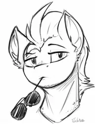 Size: 1033x1348 | Tagged: safe, artist:flashnoteart, derpibooru import, soarin', pegasus, pony, bust, image, jpeg, male, monochrome, mouth hold, sketch, solo, stallion, stupid sexy soarin', sunglasses