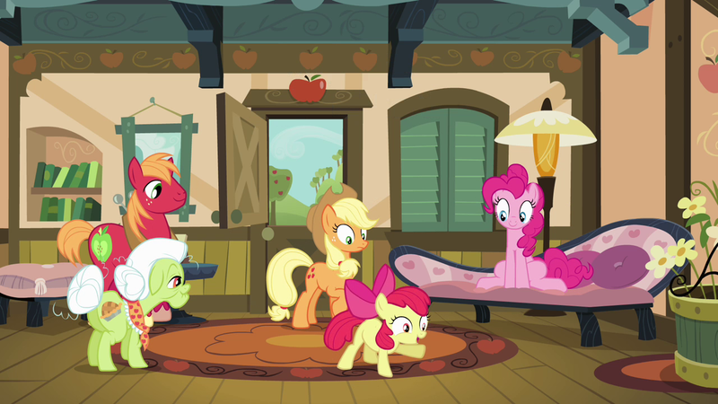 Size: 1280x720 | Tagged: safe, derpibooru import, screencap, apple bloom, applejack, big macintosh, granny smith, pinkie pie, earth pony, pony, pinkie apple pie, butt, excited, female, image, male, mare, plot, png, stallion