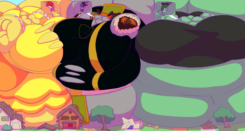Size: 7500x4000 | Tagged: questionable, artist:fatfurparadise, derpibooru import, oc, oc:abilene, oc:flamespitter, oc:magna-save, unofficial characters only, earth pony, original species, pony, unicorn, absurd resolution, ass, belly, big belly, blob, blobface, burp, butt, candy, chubby cheeks, clothes, costume, destruction, fat, female, food, halloween, holiday, huge belly, huge butt, image, immobile, impossibly large belly, impossibly large butt, impossibly obese, large belly, large butt, mare, morbidly obese, nightmare night, obese, png, rolls of fat, stuck, stuffed