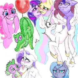 Size: 800x800 | Tagged: artist needed, suggestive, derpibooru import, fluttershy, gummy, pinkie pie, princess celestia, princess luna, rarity, spike, twilight sparkle, alicorn, earth pony, pegasus, pony, unicorn, balloon, blushing, butt wings, floating, grin, hoof shoes, horn, horny, image, leash, licking, png, smiling, smut, tongue out, wings