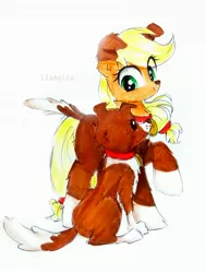 Size: 2289x3051 | Tagged: safe, artist:liaaqila, derpibooru import, applejack, winona, dog, earth pony, pony, animal costume, clothes, cosplay, costume, cute, hnnng, image, jackabetes, jpeg, pet, simple background, traditional art, white background