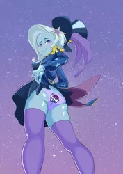 Size: 2480x3508 | Tagged: suggestive, artist:dekasuji, derpibooru import, trixie, equestria girls, breasts, clothes, explicit source, female, hat, image, jpeg, looking back, low angle, panties, purple underwear, skirt, skirt lift, smiling, socks, solo, solo female, stars, stockings, thigh highs, top hat, underwear, upskirt