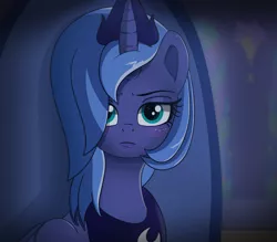 Size: 1500x1312 | Tagged: source needed, safe, artist:crimsonsky, derpibooru import, princess luna, alicorn, pony, fanfic, blushing, fanfic art, female, glare, image, mare, offscreen character, offscreen human, png, solo, staring at you, throne, throne room, unamused, young luna
