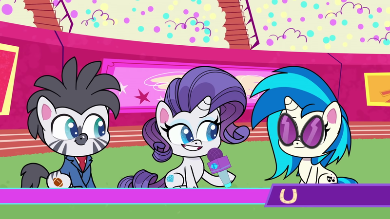 Size: 1920x1080 | Tagged: safe, derpibooru import, screencap, rarity, vinyl scratch, pony, unicorn, zebra, my little pony: pony life, the rarity report, spoiler:pony life s01e25, herd happily, image, png