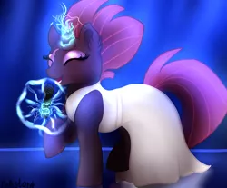 Size: 2777x2304 | Tagged: safe, artist:hollistars, derpibooru import, fizzlepop berrytwist, tempest shadow, pony, unicorn, broken horn, clothes, dress, eurovision song contest, eye scar, eyes closed, female, glowing horn, horn, image, magic, mare, microphone, png, scar, signature, singing, solo, sparking horn, tail, telekinesis, white dress