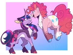 Size: 1985x1503 | Tagged: safe, artist:wanderingpegasus, derpibooru import, pinkie pie, twilight sparkle, classical unicorn, earth pony, pony, unicorn, friendship is magic, alternate hairstyle, chest fluff, cloven hooves, curved horn, duo, ear fluff, excited, female, freckles, happy birthday mlp:fim, horn, image, jumping, leg fluff, leonine tail, lesbian, mare, markings, mlp fim's tenth anniversary, open mouth, png, raised hoof, redesign, shipping, twinkie, unicorn twilight, unshorn fetlocks