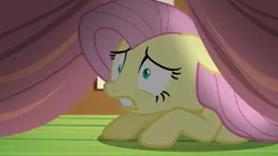 Size: 1920x1080 | Tagged: safe, derpibooru import, screencap, fluttershy, pegasus, pony, scare master, female, gritted teeth, image, mare, png, scared, solo, under the bed