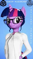 Size: 1080x1920 | Tagged: safe, artist:backmaker, derpibooru import, sci-twi, twilight sparkle, anthro, 3d, clothes, glasses, image, lab coat, png, scp, scp foundation, solo, source filmmaker