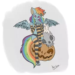 Size: 3000x3000 | Tagged: suggestive, artist:kamikazelenna, derpibooru import, rainbow dash, anthro, pegasus, plantigrade anthro, pony, arm warmers, candle, clothes, costume, digital art, female, halloween, halloween costume, holiday, image, inktober, jack-o-lantern, mare, panties, partial nudity, png, pumpkin, simple background, sitting, skull, socks, solo, solo female, spooky, spread wings, stockings, striped socks, thigh highs, topless, underwear, wings