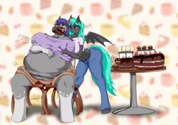 Size: 1537x1080 | Tagged: suggestive, artist:shamziwhite, derpibooru import, oc, oc:midnight blossom, oc:moonlight requiem, anthro, bat, bat pony, unguligrade anthro, belly, big breasts, breasts, cake, clothes, domination, duo, fat, feeding, female, food, force feeding, furniture abuse, grope, image, obese, pastry, png, ripping clothes, smiling, stuffing, torn clothes