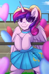 Size: 1800x2700 | Tagged: safe, artist:shadowreindeer, derpibooru import, princess cadance, alicorn, pony, balloon, chest fluff, clothes, cute, cutedance, eye clipping through hair, female, heart, holiday, image, jpeg, looking at you, mare, skirt, smiling, smiling at you, solo, valentine's day