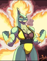 Size: 1928x2500 | Tagged: safe, alternate version, artist:droll3, derpibooru import, tianhuo, anthro, dragon, hybrid, longma, them's fightin' herds, breasts, busty tianhuo, cleavage, community related, female, fire, high res, image, muscles, png, solo, thighs, thunder thighs