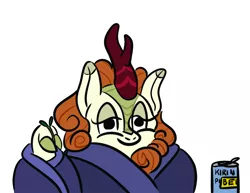 Size: 900x694 | Tagged: safe, artist:velgarn, derpibooru import, autumn blaze, kirin, autumn blaze's puppet, beer can, blanket, comfy, drawthread, funny, hooves, image, kirin beer, kirin beer is pee, png, requested art, simple background, solo, twig, white background