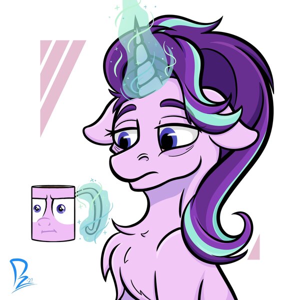 Size: 2000x2000 | Tagged: safe, artist:phaserarts, derpibooru import, starlight glimmer, pony, unicorn, :i, chest fluff, eyebrows, glowing horn, horn, i mean i see, image, jpeg, mug, solo, tired