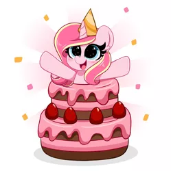 Size: 2037x2048 | Tagged: safe, artist:kittyrosie, derpibooru import, oc, oc:rosa flame, unofficial characters only, pony, unicorn, blushing, cake, food, hat, image, jpeg, open mouth, party hat, pop out cake, smiling, solo