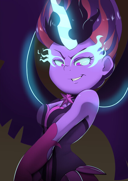 Size: 1984x2806 | Tagged: safe, artist:moons-of-mars, derpibooru import, sci-twi, twilight sparkle, equestria girls, friendship games, breasts, busty twilight sparkle, cleavage, evil grin, female, grin, high res, image, jpeg, midnight sparkle, smiling, solo