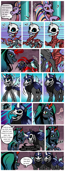 Size: 1500x3900 | Tagged: semi-grimdark, artist:nancy-05, author:bigonionbean, derpibooru import, king sombra, oc, oc:empress sacer malum, oc:melicus ostium, changeling, changeling queen, hybrid, pony, siren, skeleton pony, undead, unicorn, comic:fusing the fusions, comic:time of the fusions, absorption, armor, blushing, bone, bowing, changeling guard, comic, commissioner:bigonionbean, confused, corpse, curved horn, dead, draining, female, fusion, fusion:empress sacer malum, fusion:melicus ostium, giggling, horn, image, jewelry, magic, merge, merging, not an alicorn, png, possessed, possession, queen umbra, regalia, revived, rule 63, skeleton, talking to herself, tartarus, water fountain