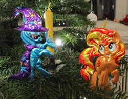 Size: 1024x792 | Tagged: safe, alternate version, artist:malte279, derpibooru import, sunset shimmer, trixie, christmas, christmas lights, christmas tree, craft, hearth's warming eve, holiday, image, jpeg, metal foil, relief, tree