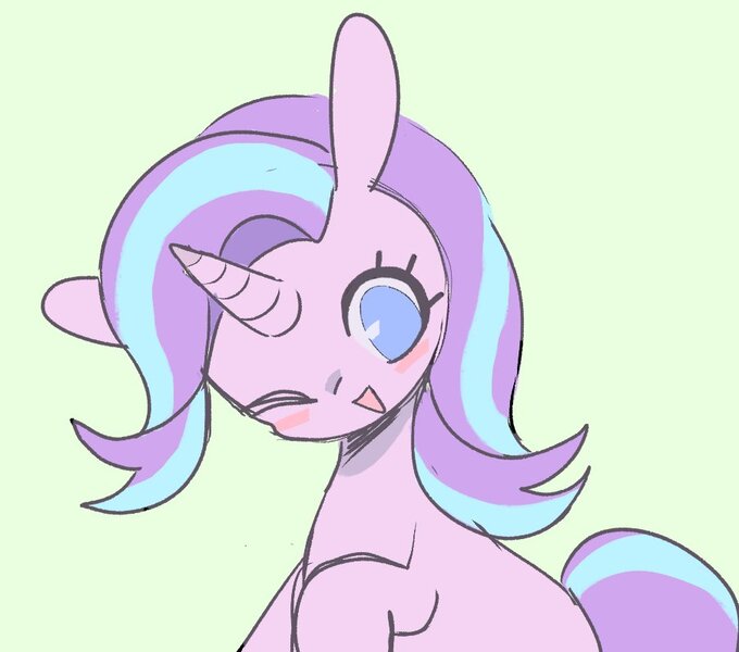 Size: 903x797 | Tagged: safe, artist:mesqrit, derpibooru import, starlight glimmer, pony, unicorn, blushing, cute, female, glimmerbetes, green background, image, jpeg, looking at you, mare, no pupils, one eye closed, open mouth, simple background, solo, wink