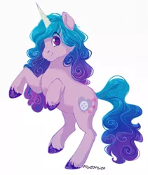 Size: 703x834 | Tagged: safe, artist:pigeorgien, derpibooru import, izzy moonbow, pony, unicorn, cute, female, g5, gradient mane, image, izzybetes, looking at you, mare, png, raised hoof, rearing, signature, simple background, smiling, solo, unshorn fetlocks, white background