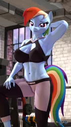 Size: 1080x1920 | Tagged: suggestive, artist:anthroponiessfm, derpibooru import, rainbow dash, anthro, pegasus, 3d, abs, arm behind head, armpits, belly button, boob window, breasts, busty rainbow dash, clothes, female, gym, image, looking at you, muscles, muscular female, pants, png, source filmmaker, sports, sports bra, workout outfit, yoga pants