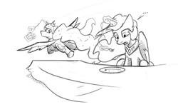 Size: 5000x3000 | Tagged: safe, artist:captainhoers, derpibooru import, princess celestia, princess luna, alicorn, pony, ..., black and white, cake, cake theft, cakelestia, duo, female, flying, food, fork, grayscale, image, levitation, looking back, magic, mare, monochrome, open mouth, png, role reversal, royal sisters, siblings, simple background, sisters, table, telekinesis, this will end in a trip to the moon, white background