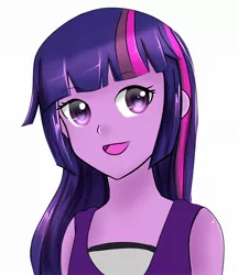 Size: 1848x2143 | Tagged: safe, artist:tealhikari, derpibooru import, twilight sparkle, equestria girls, bust, female, image, jpeg, open mouth, procreate, request, simple background, smiling, solo, white background