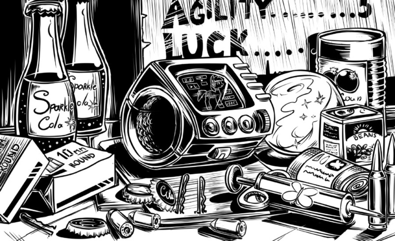 Size: 900x549 | Tagged: safe, artist:asimos, artist:lexx2dot0, artist:maytee, derpibooru import, fallout equestria, ammunition, bottlecap, canned food, hairpin, illustration, image, jpeg, memory orb, ministry of image, pip-boy, sparkle cola, syringe