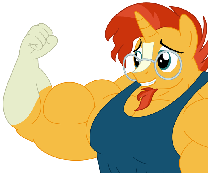 Size: 1305x1084 | Tagged: safe, alternate version, artist:urkel, derpibooru import, sunburst, anthro, unicorn, biceps, clothes, fetish, flexing, glasses, gunburst, image, male, muscle fetish, muscles, overdeveloped muscles, png, simple background, smiling, solo, tanktop, white background