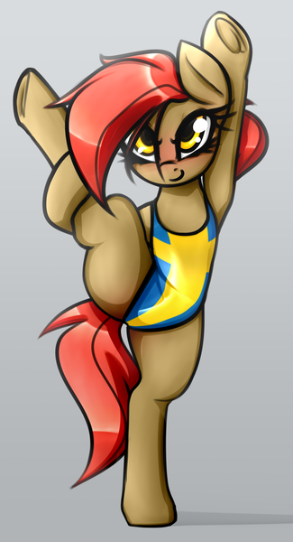 Size: 1443x2667 | Tagged: safe, artist:jetwave, derpibooru import, oc, oc:dala vault, unofficial characters only, earth pony, pony, blushing, clothes, earth pony oc, flexible, gymnastics, image, leotard, monopedal, png, ponytail, smiling, solo, standing, standing on one leg, standing splits, swedish flag, thighs