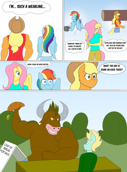 Size: 3061x4125 | Tagged: safe, artist:matchstickman, derpibooru import, applejack, fluttershy, rainbow dash, anthro, earth pony, minotaur, pegasus, plantigrade anthro, pony, comic:now i'm a jerk, abs, applejacked, biceps, bread, breasts, busty applejack, busty fluttershy, busty rainbow dash, comic, commission, deltoids, dialogue, female, food, image, male, mare, muscles, pecs, png, rainbuff dash, speech bubble, table, thought bubble