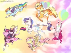 Size: 1024x768 | Tagged: safe, artist:malinraf1615, derpibooru import, applejack, fluttershy, pinkie pie, rainbow dash, rarity, twilight sparkle, twilight sparkle (alicorn), alicorn, pony, alternate design, balloon, chest fluff, colored wings, colored wingtips, floating, flying, image, jpeg, leonine tail, looking ahead, mane six, markings, multicolored wings, pale belly, socks (coat marking), then watch her balloons lift her up to the sky, wings