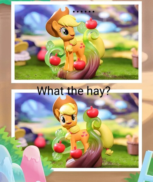 Size: 900x1069 | Tagged: safe, derpibooru import, edit, applejack, earth pony, pony, cowboy hat, female, hat, image, jpeg, mare, popmart, reaction image, solo, toy, what the hay?